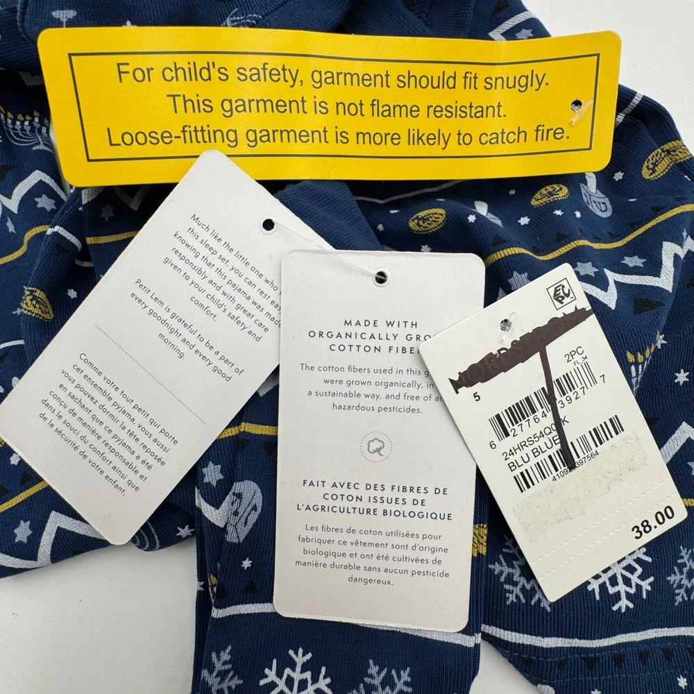 NEW Petit Lem Sleep Kids Pajamas Set Size 5 Blue Hanukkah Menorah Organic Cotton